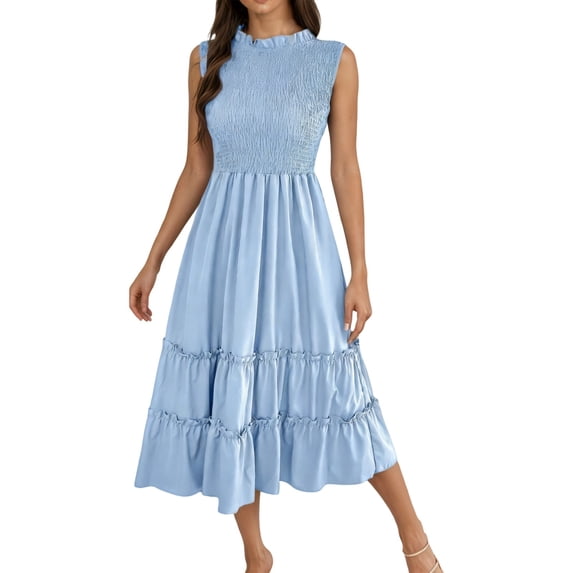 DHFJKG Summer Dresses For Women Casual Sleeveless Midi Dress Ruffle Hem Smocked Waist Flowy A-Line Beach Vacation Sundress Comfortable Dresses