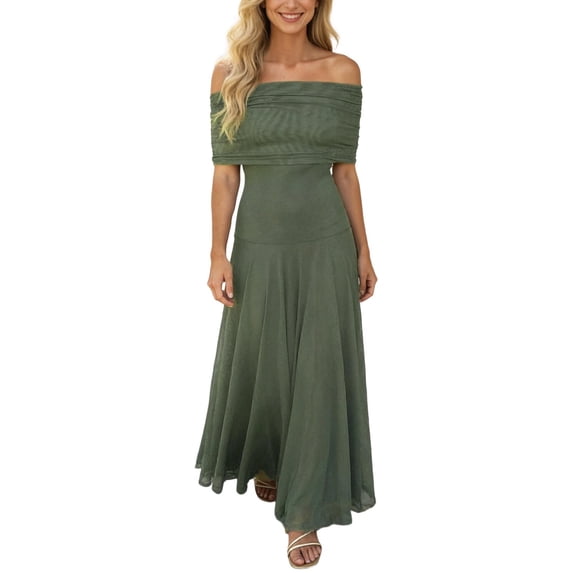 DHFJKG Summer Dresses For Women Off Shoulder Maxi Dress Chiffon Short Sleeve Party Flowy A-Line Wedding Guest Dress Comfortable Dresses