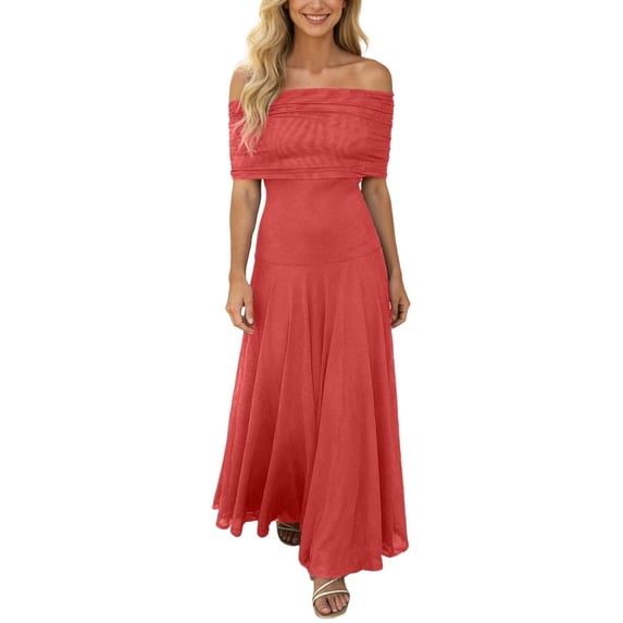 DHFJKG Summer Dresses For Women Off Shoulder Maxi Dress Chiffon Short Sleeve Party Flowy A-Line Wedding Guest Dress Cozy Dresses