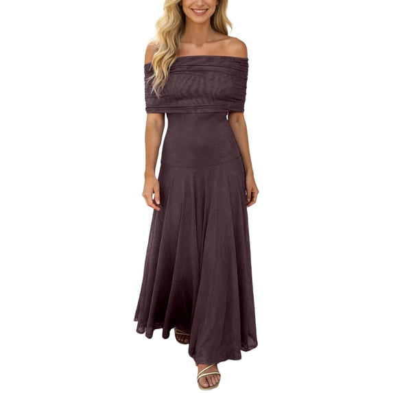 DHFJKG Summer Dresses For Women Off Shoulder Maxi Dress Chiffon Short Sleeve Party Flowy A-Line Wedding Guest Dress Soft Dresses