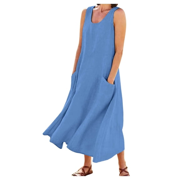 DHFJKG Summer Dresses For Women Solid Color Round Neck With Pockets Retro Boho Long Dress Casual Beach Soft Dresses