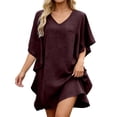 thumbnail image 1 of DHFJKG Summer Dresses Women Batwing Short Sleeve Solid Color Loose Fit V Neck Tunic Mini Dress Casual Daily Wear Trendy Dresses, 1 of 4