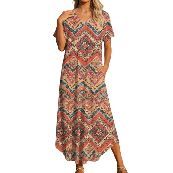 DHFJKG Summer Dresses Women Beach Long Dress Short Sleeve V Neck Flowy A Line Comfortable Tunic Boho Vacation Clothes Versatile Dresses