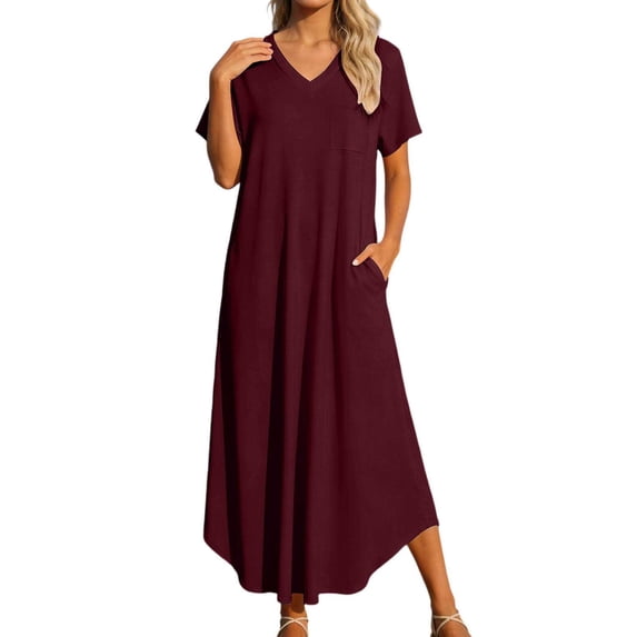 DHFJKG Summer Dresses For Women Long Dress Short Sleeve V Neck Flowy A Line Solid Color Comfortable Curved Hem Tunic Beach Vacation Clothes Stylish Dresses