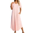 thumbnail image 1 of DHFJKG Summer Dresses For Women Long Dress Short Sleeve V Neck Flowy A Line Solid Color Comfortable Curved Hem Tunic Beach Vacation Clothes Stylish Dresses, 1 of 8