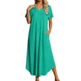 thumbnail image 1 of DHFJKG Summer Dresses For Women Long Dress Short Sleeve V Neck Flowy A Line Solid Color Comfortable Curved Hem Tunic Beach Vacation Clothes Versatile Dresses, 1 of 5