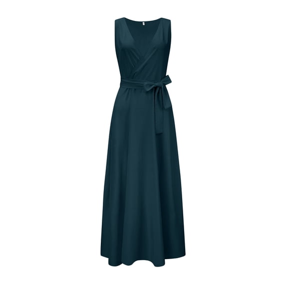 DHFJKG Summer Dresses Women Wedding Guest Dress Sleeveless Solid Color V Neck Belted Long Dress Comfortable Daily Wear Versatile Dresses