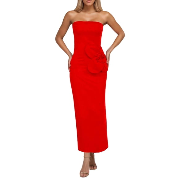 DHFJKG Summer Formal Dresses For Women Strapless Floral Long Dress Party Prom Clothes Solid Color Trendy Dresses