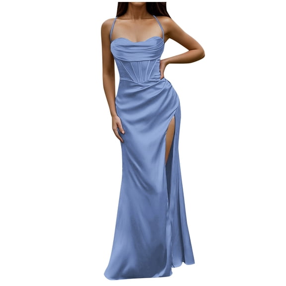 DHFJKG Summer Formal Dresses For Women Sexy Silk Satin Maxi Dress Spaghetti Strap Push Up Corset Evening Party Side Slit Wedding Guest Dress Versatile Dresses