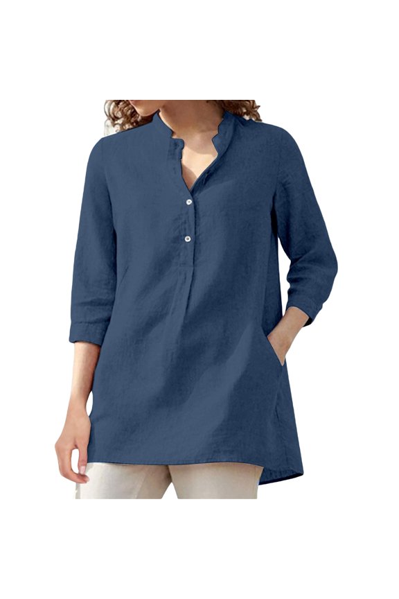 Summer Linen T Shirts Women 3/4 Sleeve Stand Collar Button Front Pullover Basic Top With Pockets Beach Tshirt Stylish Tops