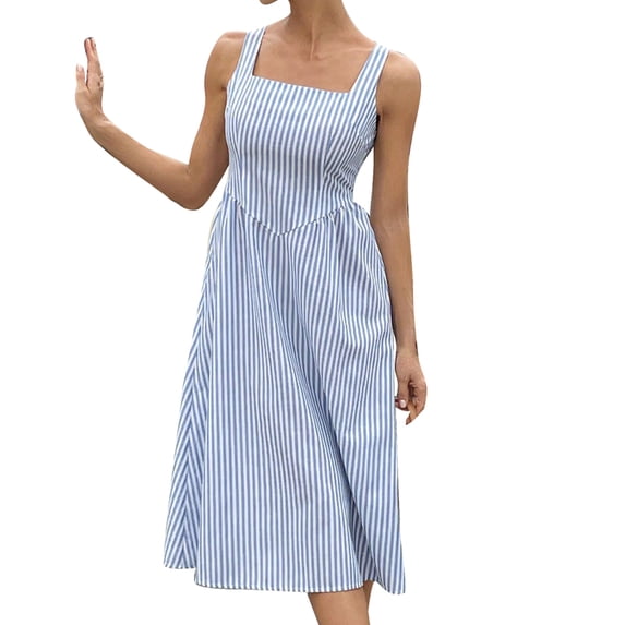 DHFJKG Summer Midi Dresses For Women Striped Square Neck Casual Sleeveless Swing A Line Dress Wedding Guest Dress