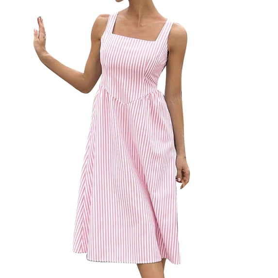 DHFJKG Summer Midi Dresses For Women Striped Square Neck Casual Sleeveless Swing A Line Dress Wedding Guest Dress