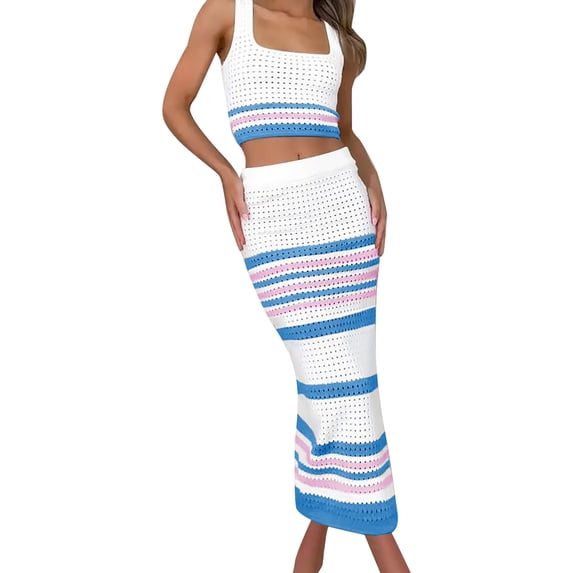 DHFJKG Summer Outfits For Women 2 Piece Skirt Set Sleeveless Square Neck Hollow Out Crop Top Side Slit Maxi Skirts Beach Vacation Clothes Stylish Outfit