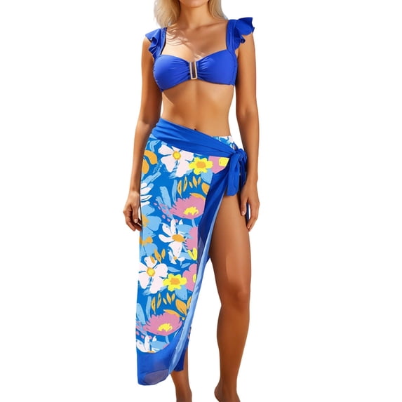 DHFJKG Summer Ruffle Bikini Swimsuit Women 3 Piece Set U-Wire Bathing Suit With High Waist Briefs Bottoms And Wrap Long Skirts Stylish Beachwear