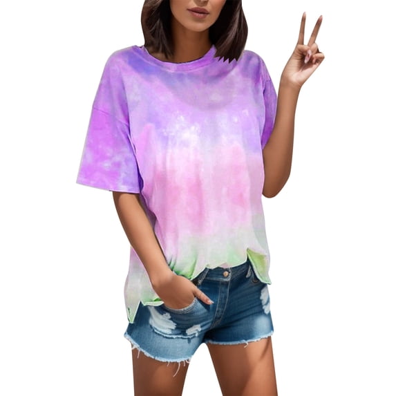 DHFJKG Summer Top Womens Tie Dye Casual Crew Neck Short Sleeve T Shirt Loose Fit Basic Tee Fashion Clothes Cozy Tops