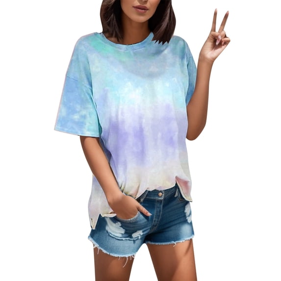 DHFJKG Summer Top Womens Tie Dye Casual Crew Neck Short Sleeve T Shirt Loose Fit Basic Tee Fashion Clothes Versatile Tops