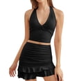 thumbnail image 1 of DHFJKG Summer Women 2 Piece Skirt Sets Sexy Outfits Halter V Neck Slim Fit Crop Cami Top High Waisted Mini Skirts Vacation Matching Sets Versatile Outfit, 1 of 4