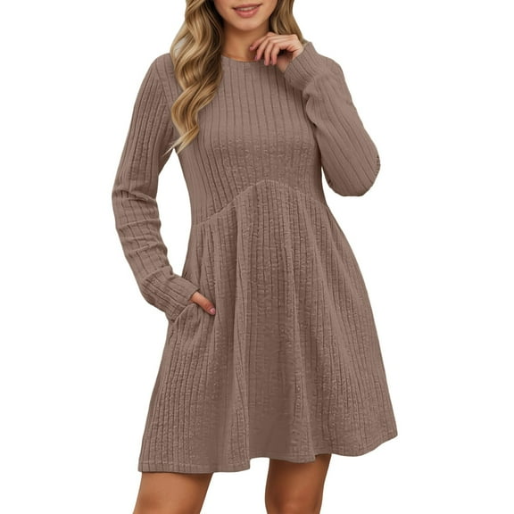 DHFJKG Sweater Dress For Women Bohemian Knit Ribbrd Solid Color Long Sleeve Round Neck Mini Dress With Pockets Versatile Dresses