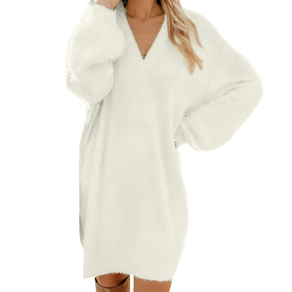 DHFJKG Sweater Dress For Women Fluffy Deep V Neck Neck Lantern Sleeve Loose Fit Mini Sweater Dress Casual Office Solid Color Versatile Dresses