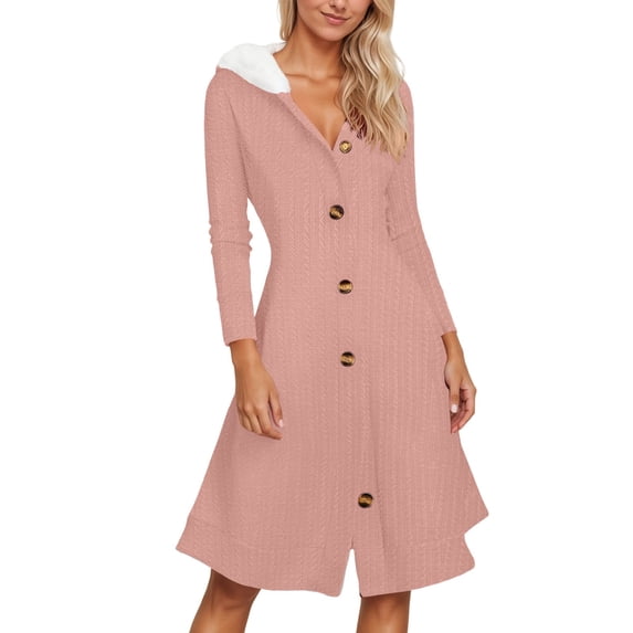 DHFJKG Sweater Dress For Women Hooded Knit Button Up Cardigan Soft Fuzzy Trim Long Sleeve Slim Fit Midi Dress Comfortable Tunic Trendy Dresses