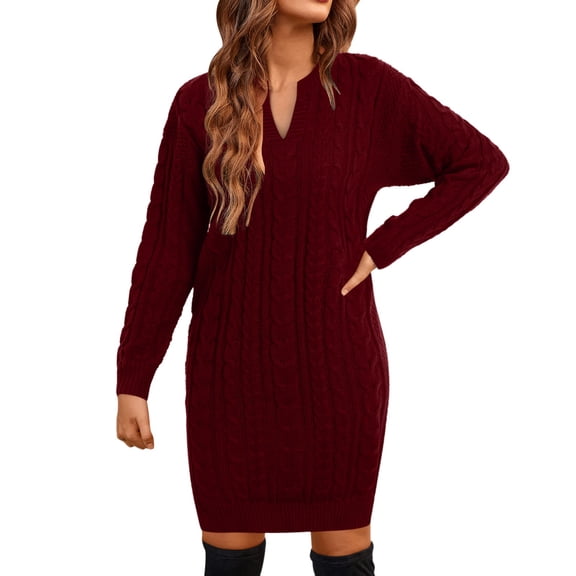 DHFJKG Sweater Dress For Women Knit Jacquard Notch V Neck Long Sleeve Loose Fit Mini Dress Winter Pullover Tunic Above Knee Cozy Dresses