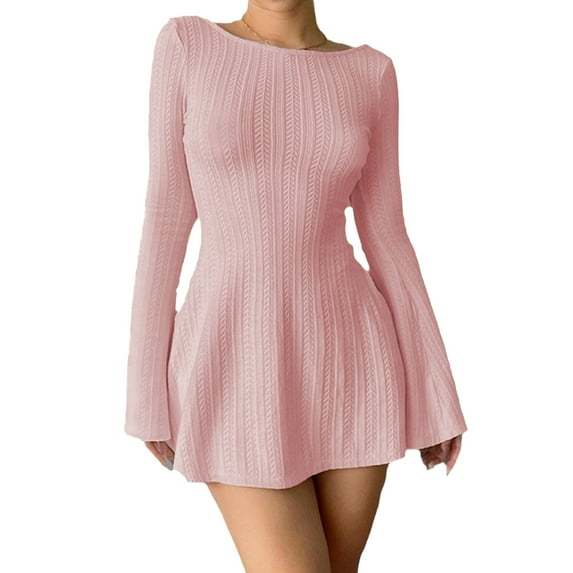 DHFJKG Sweater Dress For Women Knit Jacquard Slim Fit Solid Color Long Sleeve Scoop Neck Mini Dress Winter Classic Dresses