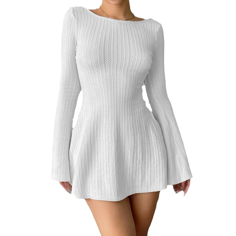 navy blue dress for baby girl Dhfjkg Sweater Dress for Women Knit Jacquard Slim Fit Solid Color Long Sleeve Scoop Neck Mini Dress Winter Comfort Dresses, Women's, Size: Large,