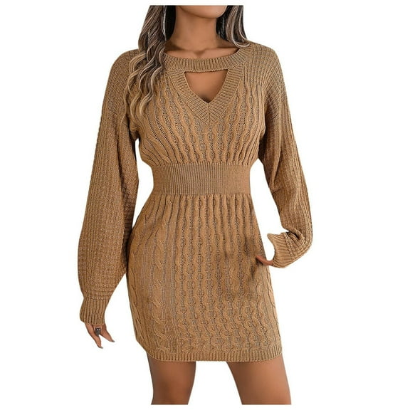 DHFJKG Sweater Dress For Women Knit Jacquard Solid Color Notch V Neck Long Sleeve Bodycon Slim Fit Mini Sweater Dress Cozy Dresses