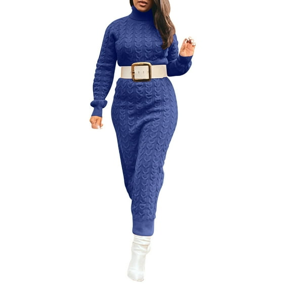 DHFJKG Sweater Dress For Women Knit Jacquard Turtleneck Long Sleeve Solid Color Slim Fit Maxi Dress (Without Belt) Cozy Dresses