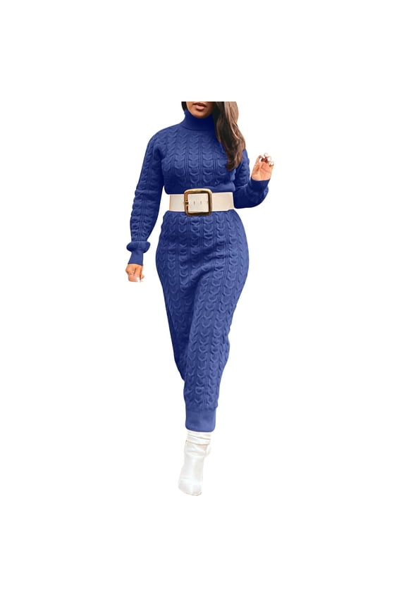 Sweater Dress For Women Knit Jacquard Turtleneck Long Sleeve Solid Color Slim Fit Maxi Dress (Without Belt) Cozy Dresses