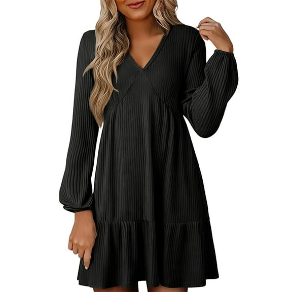DHFJKG Sweater Dress For Women Knit Ribbrd Solid Color Long Sleeve Deep V Neck Loose Fit Mini Dress Cozy Dresses