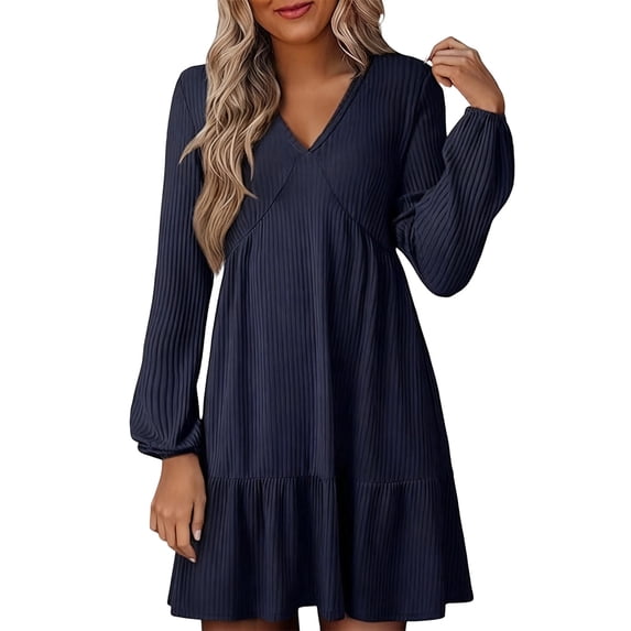 DHFJKG Sweater Dress For Women Knit Ribbrd Solid Color Long Sleeve Deep V Neck Loose Fit Mini Dress Cozy Dresses