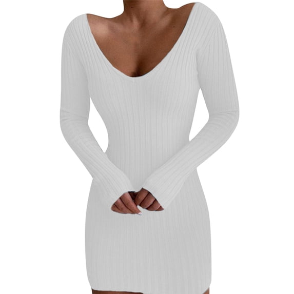 DHFJKG Sweater Dress For Women Knitted Ribbed Deep V Neck Solid Color Long Sleeve Bodycon Slim Fit Mini Dress Winter Pullover Sweater Soft Dresses