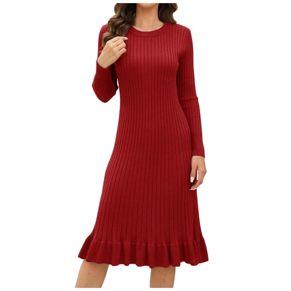 DHFJKG Sweater Dress For Women Knitted Ribbed Solid Color Long Sleeve Crewneck Slim Fit Knee-Length Dress Winter Classic Dresses