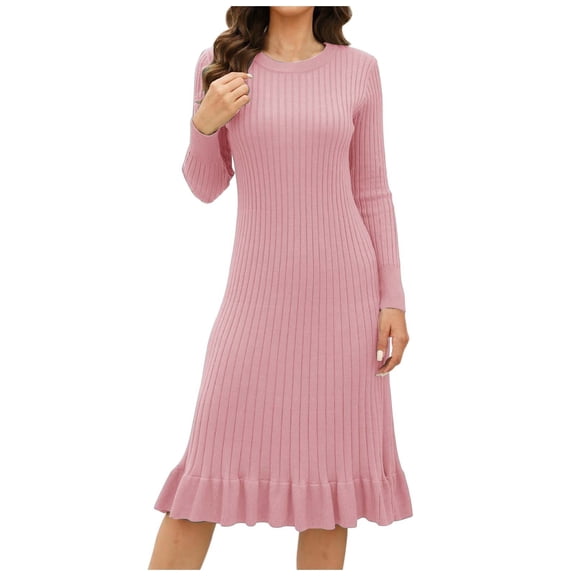 DHFJKG Sweater Dress For Women Knitted Ribbed Solid Color Long Sleeve Crewneck Slim Fit Knee-Length Dress Winter Cozy Dresses
