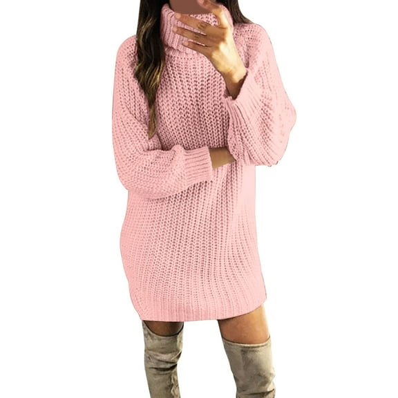 DHFJKG Sweater Dress For Women Knitted Turtleneck Long Sleeve Solid Color Loose Fit Mini Dress Winter Pullover Sweaters Cozy Dresses