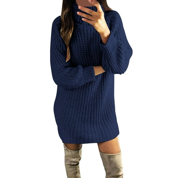 DHFJKG Sweater Dress For Women Knitted Turtleneck Long Sleeve Solid Color Loose Fit Mini Dress Winter Pullover Sweaters Soft Dresses