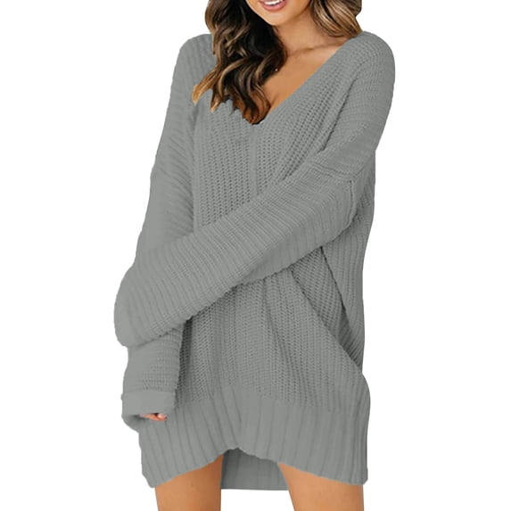 DHFJKG Sweater Dress For Women Oversized Solid Color V Neck Long Sleeve Knitted Pullover Casual Mini Dress Loose Fit Comfort Dresses