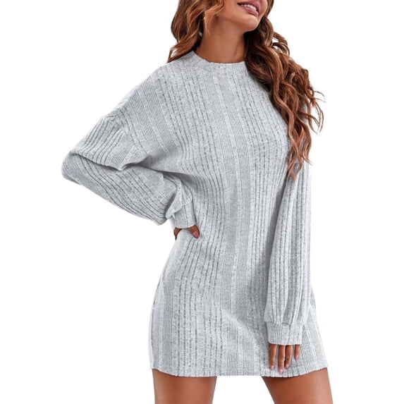 DHFJKG Sweater Dress For Women Solid Color Round Neck Long Sleeve Loose Fit Mini Dress Casual Comfort Dresses