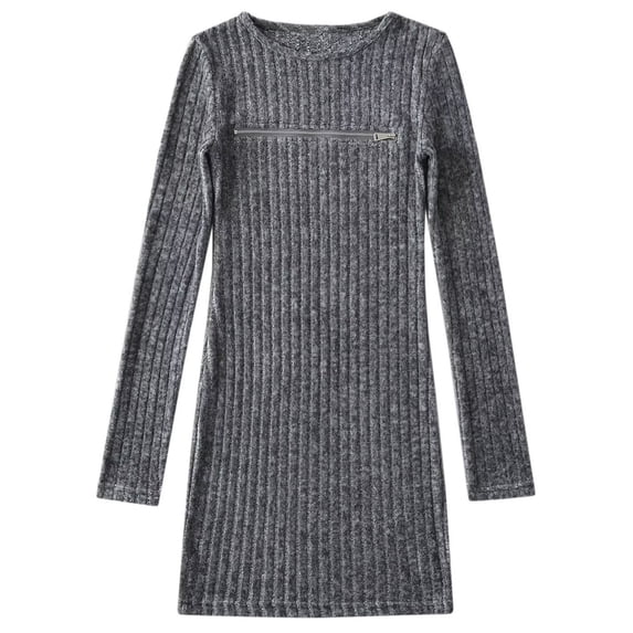 DHFJKG Sweater Dress For Women Knit Ribbed Bodycon Mini Dress With Front Zipper Long Sleeve Round Neck Thickened Stretchy Slim Fit Party Clubwear Elegant Versatile Dresses