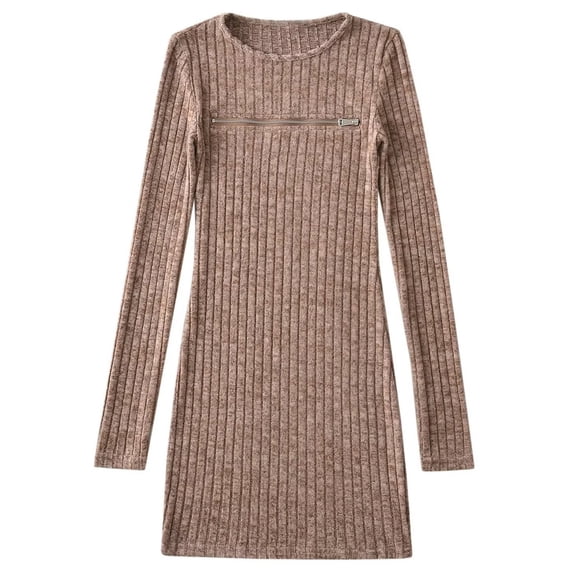 DHFJKG Sweater Dress For Women Knit Ribbed Bodycon Mini Dress With Front Zipper Long Sleeve Round Neck Thickened Stretchy Slim Fit Party Clubwear Elegant Versatile Dresses