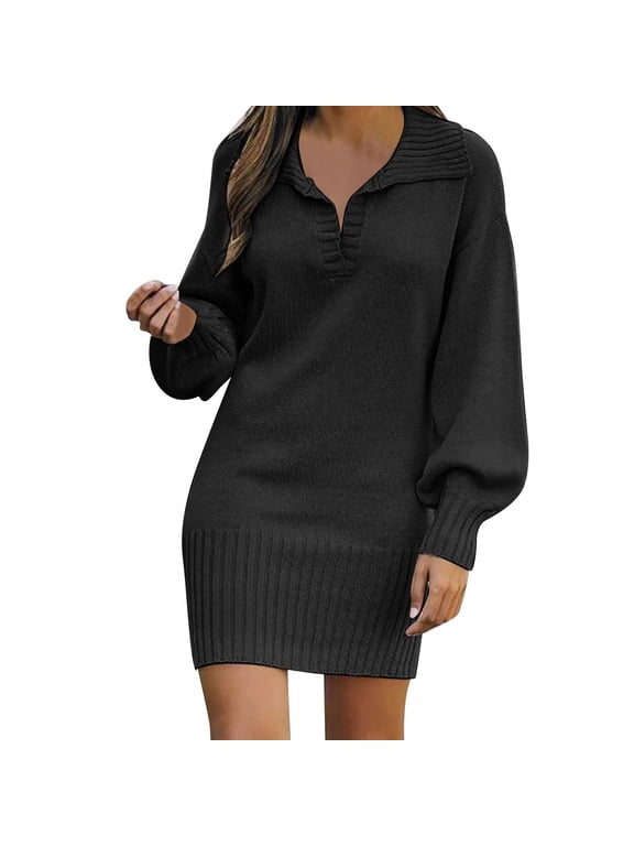 Sweater Dress For Women Knitted Lantern Sleeve Turndown Collar Solid Color Mini Dress With Ribbing Edge Autumn Winter Sweater Pullover Party Club Casual Office Cozy Dresses