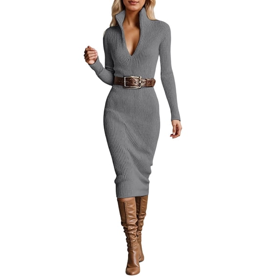 DHFJKG Sweater Dresses For Women Knitted Long Sleeve Bodycon Deep V Neck Stand Collar Slim Fit Midi Dress Party Date Night Trendy Dresses