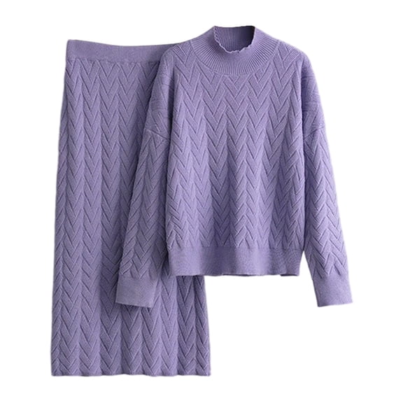 DHFJKG Sweater Sets Skirt Sets Women 2 Piece Outfits Knit Jacquared Long Sleeve High Neck Top And Long Skirts Solid Color Casual Stylish Outfit