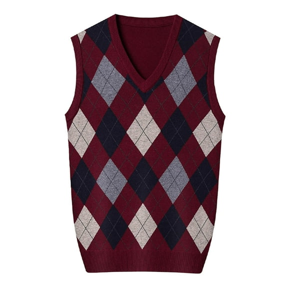 DHFJKG Sweater Vest Diamond Pattern Mens Knitted Layering Pullover V-Neck Sleeveless Vest Autumn Winter Versatile Jumper Tops