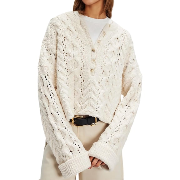 DHFJKG Sweaters For Women Cropped Top Knit Hallow Out Button Placket Loose Fit Drop Shoulder Pullover Stylish Jumper Tops