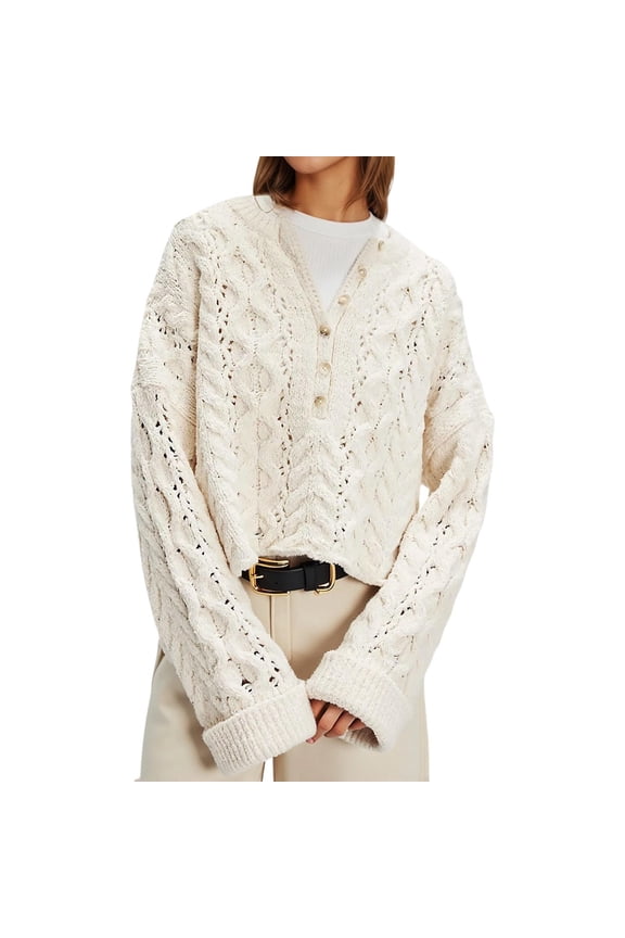 Sweaters For Women Cropped Top Knit Hallow Out Button Placket Loose Fit Drop Shoulder Pullover Stylish Jumper Tops