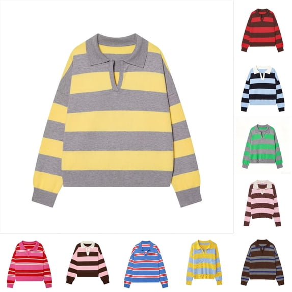 DHFJKG Sweaters For Women Knit Striped Turndown Collar Long Sleeve Oversized Drop Shoulder Pullover Knitwear Stylish Tops