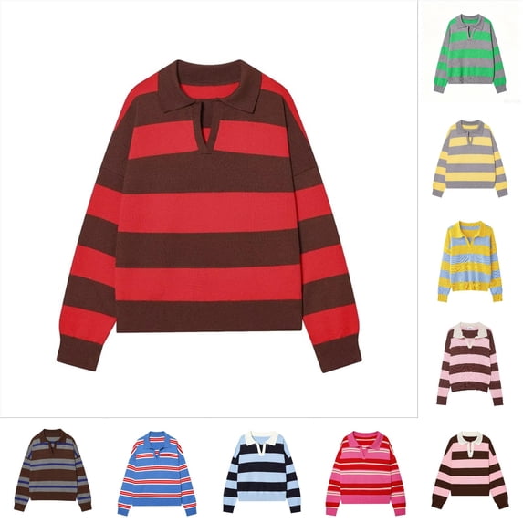 DHFJKG Sweaters For Women Knit Striped Turndown Collar Long Sleeve Oversized Drop Shoulder Pullover Knitwear Trendy Tops