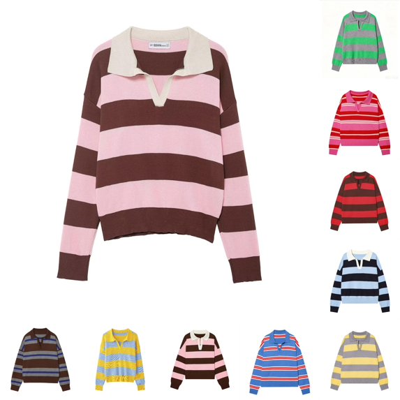 DHFJKG Sweaters For Women Knit Striped Turndown Collar Long Sleeve Oversized Drop Shoulder Pullover Knitwear Versatile Tops